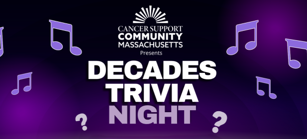 Decades Trivia Night purple graphic with music notes